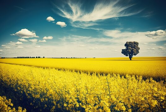 Canola fields on a sunny summer day provide for a beautiful natural backdrop in this scenic landscape photo. Generative AI