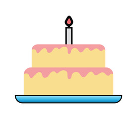 Cute birthday cake icon with candle. Hand drawn birthday cake isolated on white background. Vector