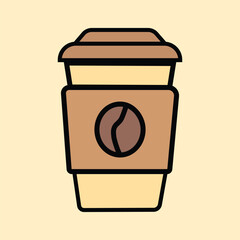 Disposable cup icon. Coffee cup with straw and lid isolated on yellow. Flat. Vector