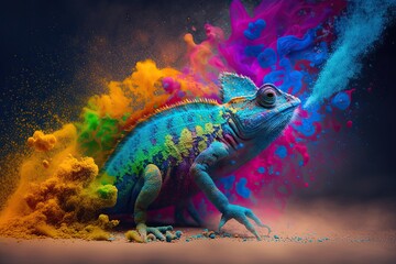 Colorful chameleon on a branch, a creative concept of adaptation and transformation. Generative AI