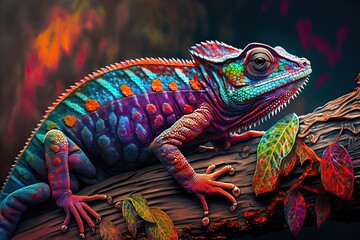 Colorful chameleon on a branch, a creative concept of adaptation and transformation. Generative AI - obrazy, fototapety, plakaty