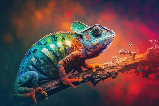 Colorful chameleon on a branch, a creative concept of adaptation and transformation. Generative AI