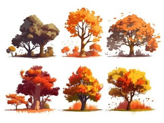 Set autumn yellow trees Isolated on white background, The collection of trees. Set of trees. Collection of natural design elements trees. generative ai