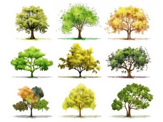 Set Isolated tree on white background, autumn and summer, green and yellow trees, The collection of trees. Collection of natural design elements trees. generative ai