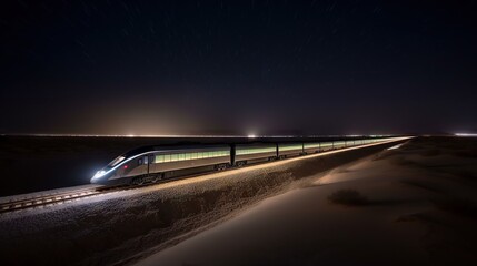 Fototapeta na wymiar Speed passenger train moving in the night desert. Generative AI