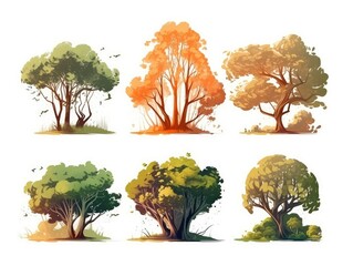 Set Isolated tree on white background, autumn and summer, green and yellow trees, The collection of trees. Collection of natural design elements trees. generative ai