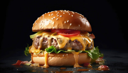 Cheesy hamburger on black background with studio lighting. Food and delivery concept. Generative AI