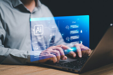 Chatbot Chat with AI Artificial Intelligence and technology concept, Businessman use laptop...