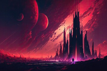 futuristic cityscape with flying cars and towering skyscrapers. Generative AI