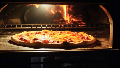 Pepperoni pizza in the charcoal oven on black background with studio lighting. Food and delivery concept. Generative AI