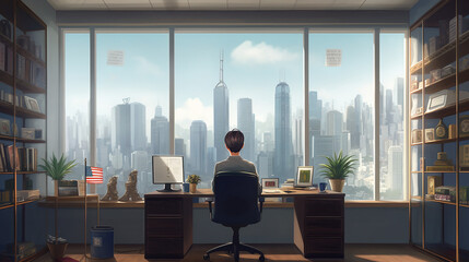 Fototapeta premium an employee look out the window in the office illustration, generative AI technology
