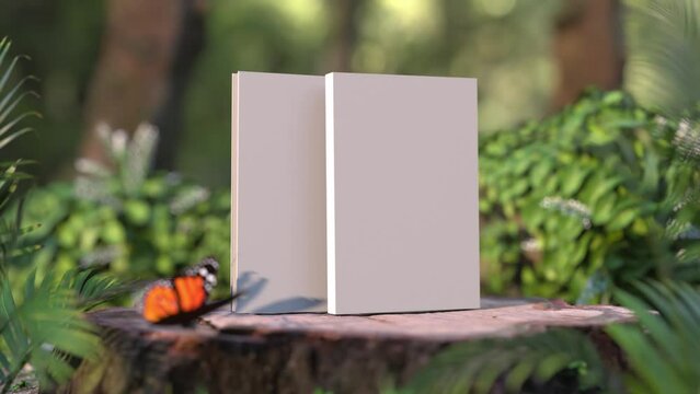 Stock footage of books in garden with butterfly around them. Books in garden.