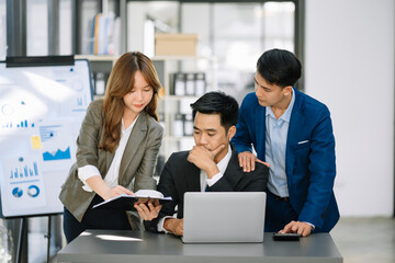 Portrait of success business people working together in home office. Couple teamwork startup concept..