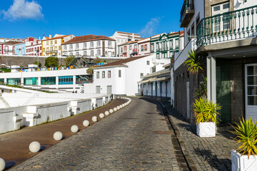 View of the city of Angra do Heroismo. Historic fortified city and the capital of the Portuguese island of Terceira in the Autonomous Region of the Azores. Portugal.