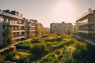 Naklejka premium Environmental Residential City District With Green Terraces Of Flats At Sunlight, Made Using Generative Ai