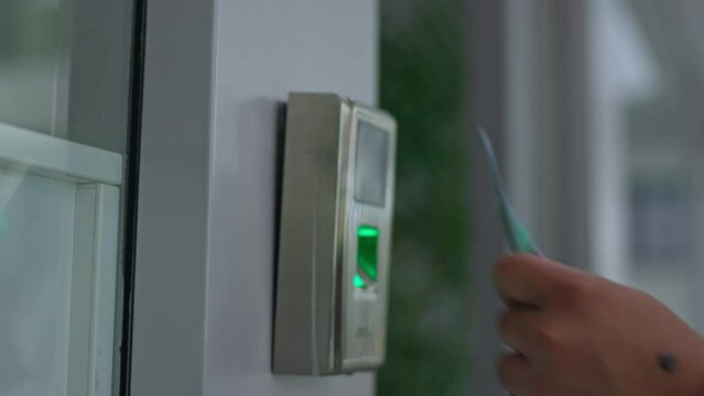 Hand scan card, security door and control entrance at private property for apartment, job or business. Person, laser technology and electronic reader to open, close or pass digital checkpoint at job