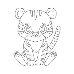 Cute tiger in outline style. Vector baby animal isolated on white.