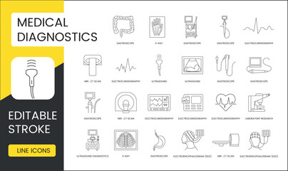 Medical diagnostics line icon set in vector, gastroscope and gastroscope, ultrasound and electrocardiography, gastroscope and x-ray, laboratory research. Editable stroke.