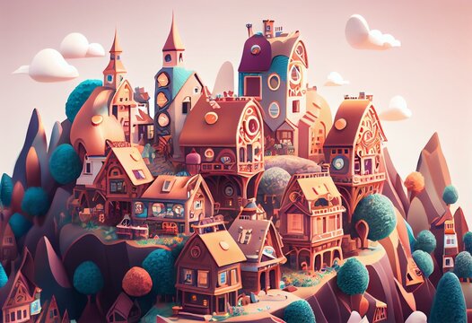 Imaginative, colorful illustration of cute fantasy town, generative ai, digital art, isolated on white background