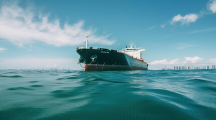Fototapeta premium Low angle view on huge fuel tanker ship in the sea. Generative AI