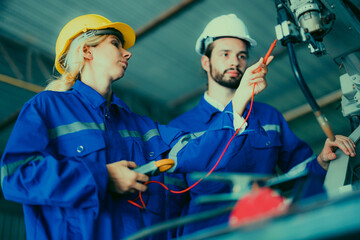 Robotic technician control automation works within accepted limits by testing operating voltages and electrical configurations. Robotic factory routine checks and maintenance to follow safety rules.