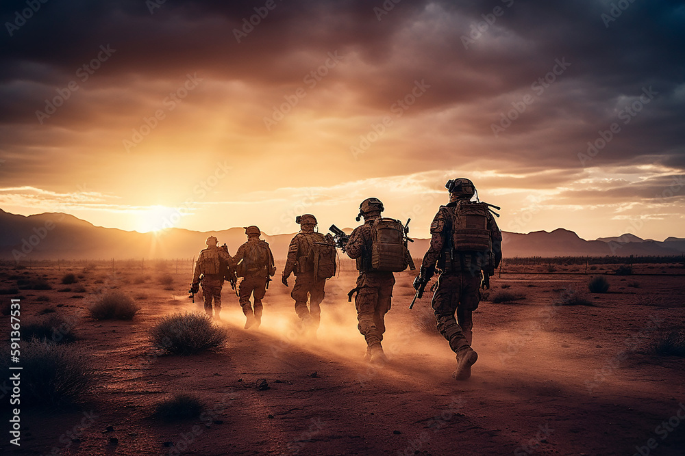 Wall mural Illustration of soldiers carrying rifle patroling - Wall murals