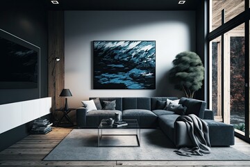 cozy living room with a vibrant large-scale painting as the focal point. Generative AI