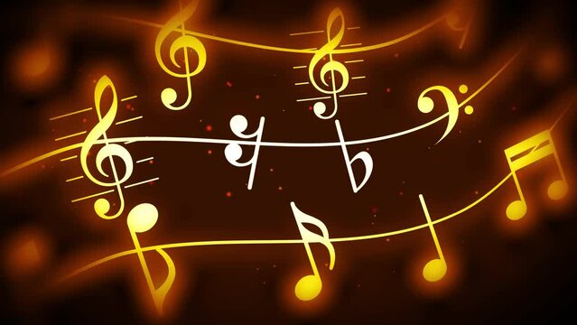 waves of Music Notes with Motion Blur and Light particles. Seamless loop in Orange Musical Background.