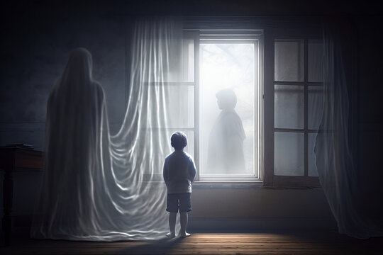 Standing Small Child Looking At Awakened Ghost Behind The Window Digital Illustration With Non Existing Person, Made Using Generative Ai