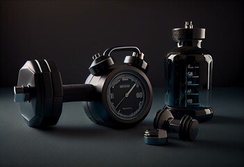 Plakat Workout. Background with dumbells, bottle of water and alarm clock. Training. 3d illustration. Generative AI