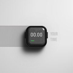 Realistic black 3d smart watch on a light background. Wristwatch icon. Rounded square smart watch design on wall. 