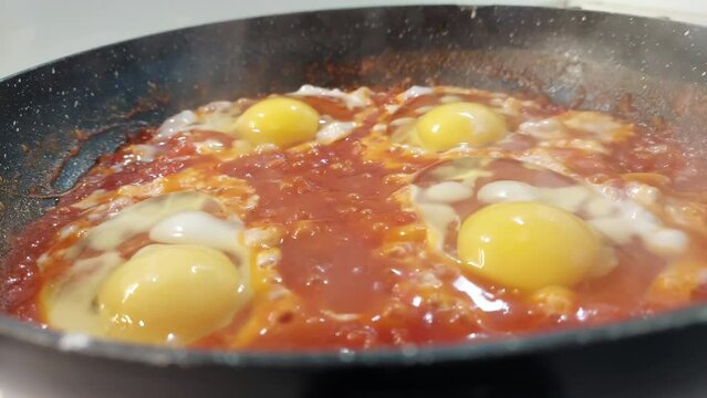 Delicious shakshuka with tomato sauce