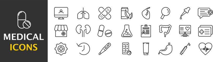 Set of outline icons about pharmacy, medicine. Simple symbols with black color contour. Vector illustration. EPS 10