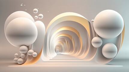 Atmospheric 3D background. Soft and delicate colors. Abstract setting with geometric shapes. Illustration.