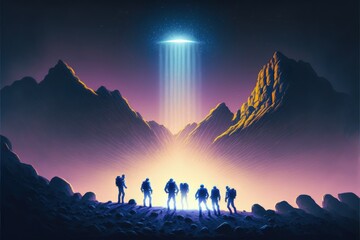 Fototapeta premium Space explorers walking towards unknown beam of light in sci-fi setting. Fantasy concept , Illustration painting. Generative AI