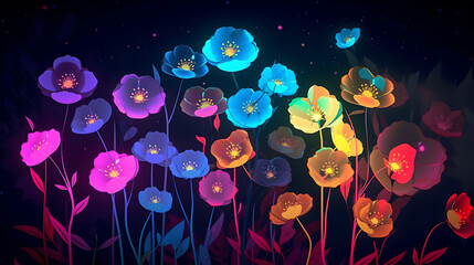 Neon field of flowers, generative ai