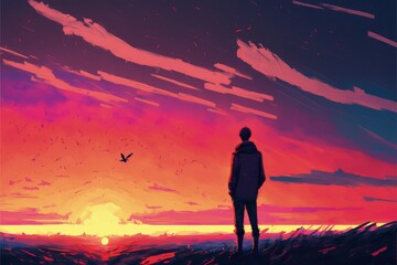 Fototapeta premium Solitary man gazing at fiery sunset. Fantasy concept , Illustration painting. Generative AI