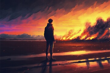 Solitary man gazing at fiery sunset. Fantasy concept , Illustration painting. Generative AI