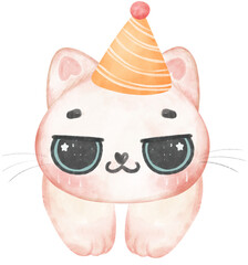 Cute playful birthday cat face celebrating party cartoon watercolor