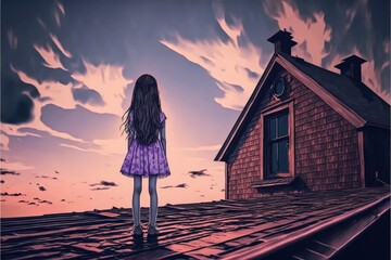 Mystic girl standing on rooftop of ancient edifice. Fantasy concept , Illustration painting. Generative AI