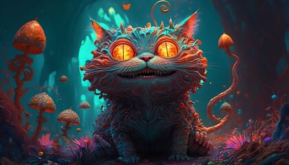 Psychedelic cat in the enchanted forest. Fairy tale illustration of a cat with mushrooms, a fictional image. AI generated.