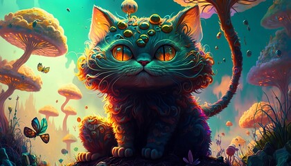 Psychedelic cat in the enchanted forest. Fairy tale illustration of a cat with mushrooms, a fictional image. AI generated.