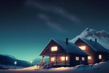 Nighttime view of wooden houses in mountainous winter landscape. Fantasy concept , Illustration painting. Generative AI