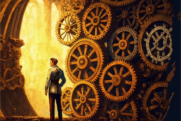 Steampunk ambiance showcasing male standing amidst numerous large, golden cogs. Fantasy concept , Illustration painting. Generative AI