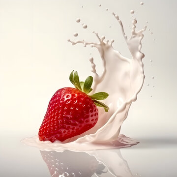Photorealistic image of beautiful strawberries falling into milk