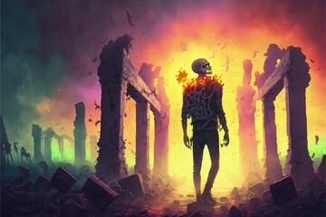 Zombie strolling through charred graveyard with blazing sky. Fantasy concept , Illustration painting. Generative AI