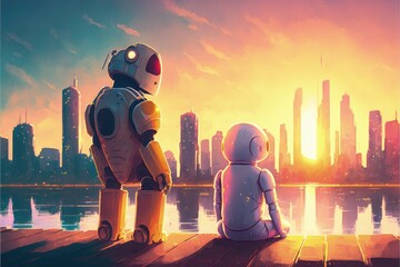 Astronaut and small droid observing futuristic metropolis. Fantasy concept , Illustration painting. Generative AI