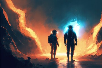 Obraz na płótnie Canvas Space explorers walking towards unknown beam of light in sci-fi setting. Fantasy concept , Illustration painting. Generative AI