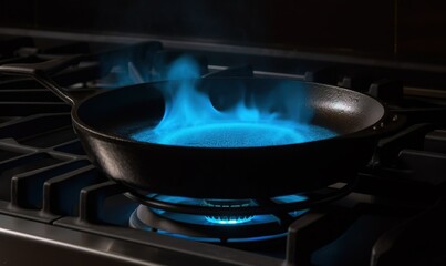  a skillet on a stove with blue flames coming out of it.  generative ai