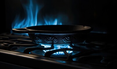  a skillet sitting on top of a stove with blue flames.  generative ai
